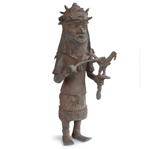 Hoher Militär mit Vogel Figur Bronze Benin